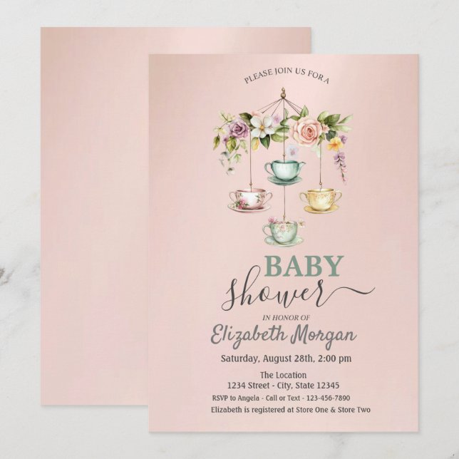 Convites Chá de Bebê em Aquarela com Xícaras Florais (Frente/Verso)