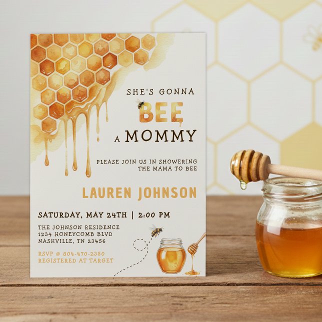 Convites Chá de Bebê em Aquarela Favo de Mel Abelha (Honey Bee Honeycomb Watercolor Baby Shower Invitation
)