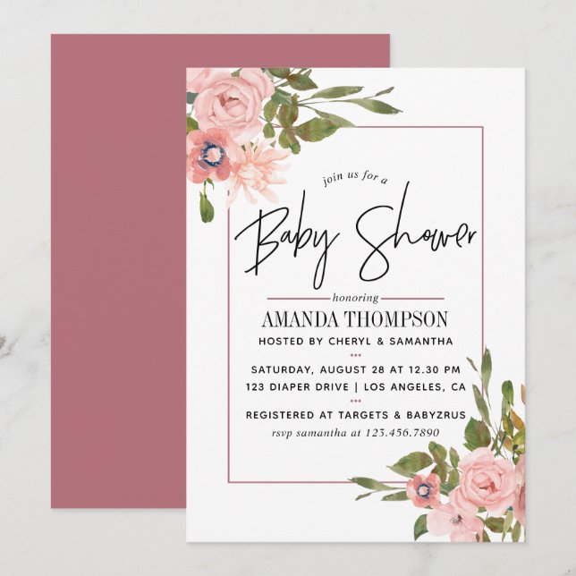 Convites Chá de Bebê em Aquarela Floral Bege e Dourado Rosa (Frente/Verso)