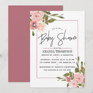 Convites Chá de Bebê em Aquarela Floral Bege e Dourado Rosa