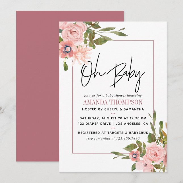 Convites Chá de Bebê em Aquarela floral Beije e Dourado Ros (Frente/Verso)