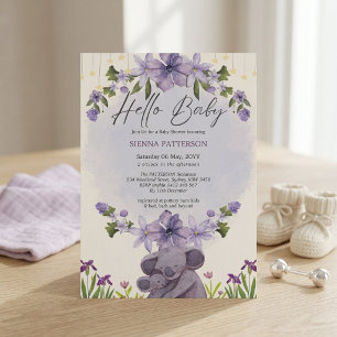 Convites Chá de Bebê em Aquarela Floral de Koala Lavanda Su
