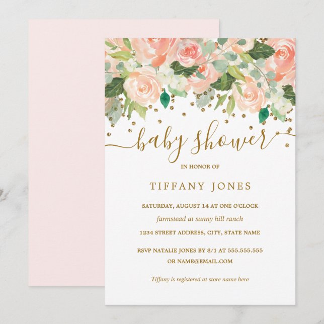Convites Chá de Bebê em Aquarela Floral Rosa Dourado (Frente/Verso)