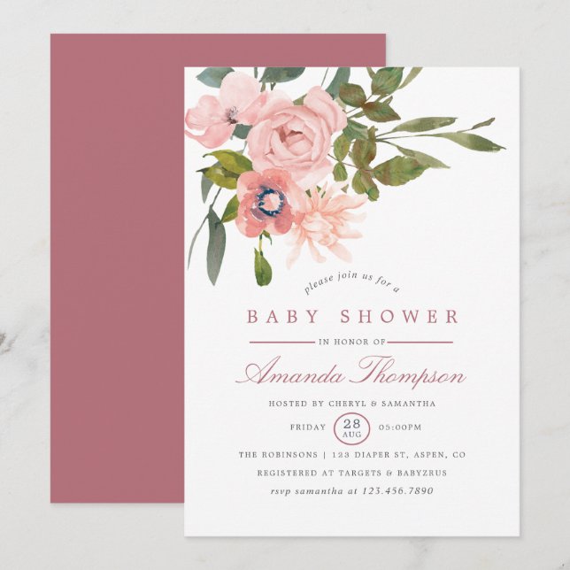 Convites Chá de bebê em aquarela floral rosa e dourado (Frente/Verso)