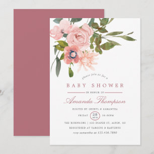 Convites Chá de bebê em aquarela floral rosa e dourado