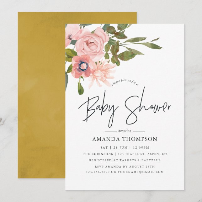 Convites Chá de bebê em aquarela floral rosa e dourado (Frente/Verso)