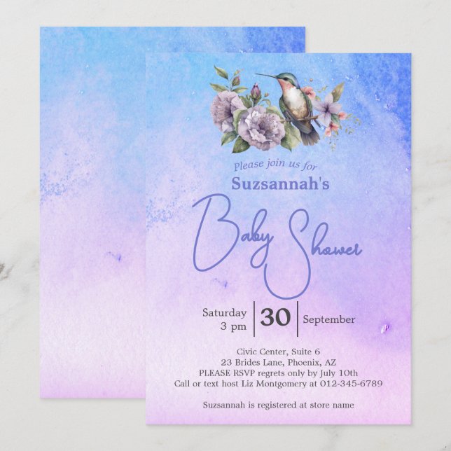 Convites Chá de Bebê em Aquarela Pastel com Beija-flor (Frente/Verso)