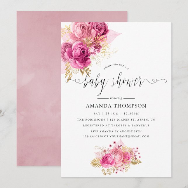 Convites Chá de Bebê em Aquarela Rosas Rosa e Dourado (Frente/Verso)