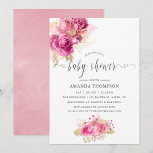 Convites Chá de Bebê em Aquarela Rosas Rosa e Dourado
