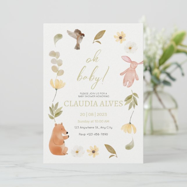 Convites Chá de Bebê em Aquarela Verde Creme em Homenagem  (Em pé/Frente)
