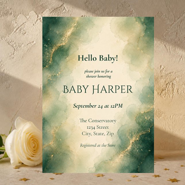 Convites Chá de Bebê em Aquarela Verde Sage e Dourado Elega (Elegant sage green and gold watercolor baby shower invitation for a gender-neutral botanical shower.)