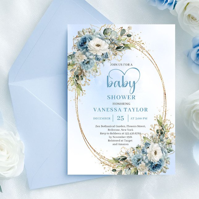 Convites Chá de Bebê em Azul Empoeirado Floral Eucalipto Do (Dusty Blue Floral Eucalyptus Gold Script Baby Shower

)