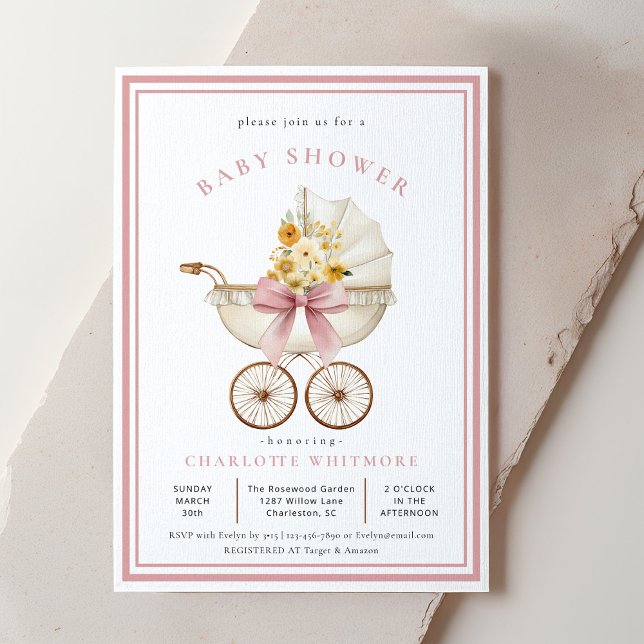 Convites Chá de Bebê em Carrinho de Bebê Antigo | Florais R (Pink Baby Shower Invite)