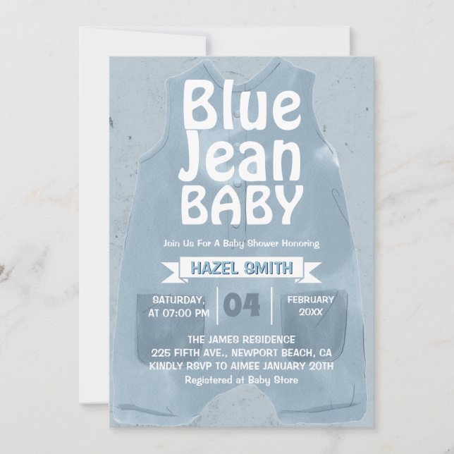 Convites Chá de Bebê em Denim Azul Bebê (Frente)