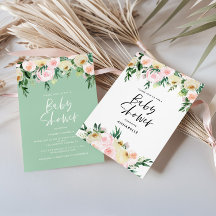 Chá de Bebê em Florais de Aquarela Rosa e Verde Mu