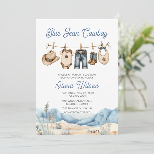 Convites Chá de Bebê em Jeans Azul Western (Em pé/Frente)