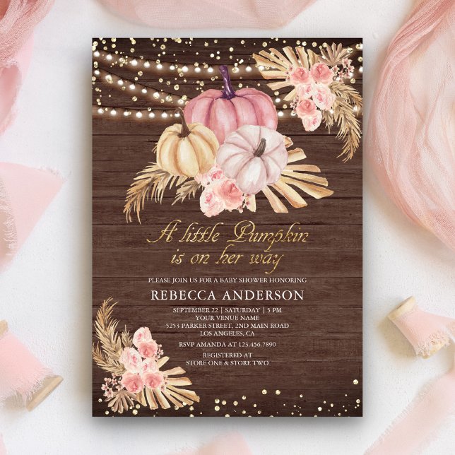 Convites Chá de Bebê em Madeira Rosa Po dusty Boho Abóbora (Criador carregado)