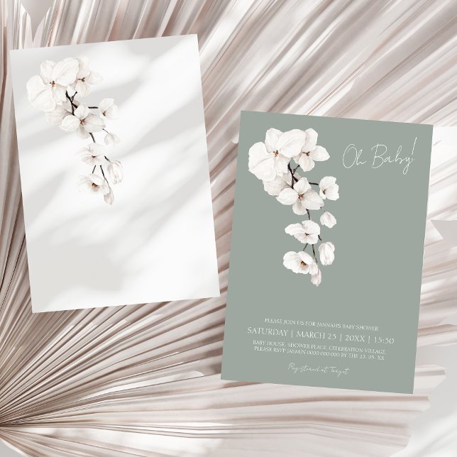 Convites Chá de Bebê em Verde Salvia Moderno com Orquídea B (Modern Sage Green White Orchids Baby Shower, Oh Baby! Invitation)