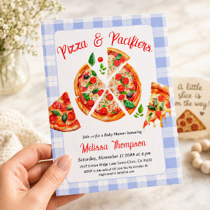 Convites Chá de Bebê em Xadrez Azul Menino Pizza e Chupetas