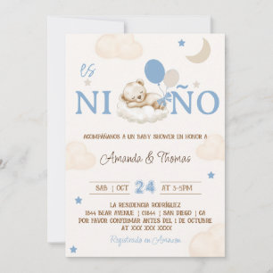 Convites Chá de Bebê Espanhol Menino Urso Azul