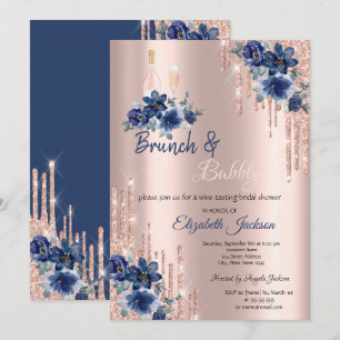 Convites Chá de Bebê & Espumante Blue Flowers Drips Brunch