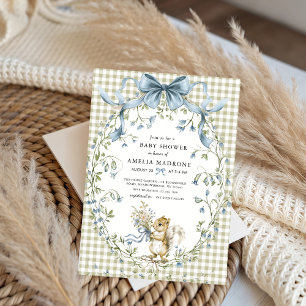 Convites Chá de Bebê Esquilo Floresta Sage Gingham