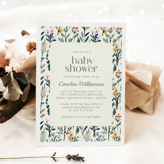 Convites Chá de Bebê Estética Boho Aquarela Flor Silvestre (Criador carregado)