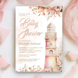 Convites Chá de Bebê Farol Floral Boho Rosa