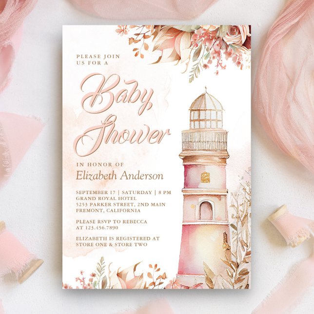 Convites Chá de Bebê Farol Floral Boho Rosa (Criador carregado)