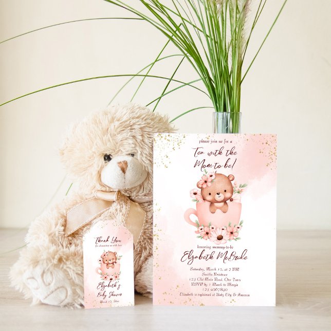 Convites Chá de bebê festa chá de bebê ursinho rosa em uma  (Criador carregado)