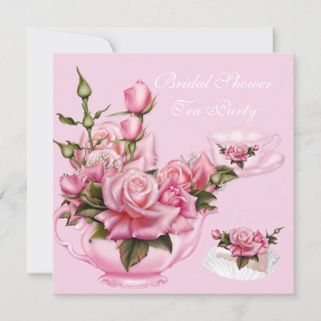 Convites Chá de Bebê Festa Chá Rosa Rosa Teapot 4 (Frente)