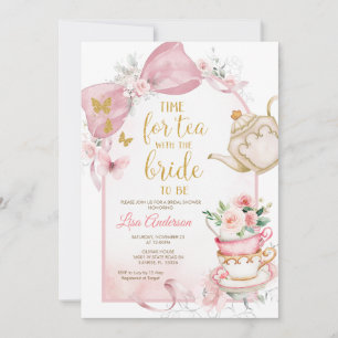 Convites Chá de Bebê Festa de Chá com Laço Rosa Floral