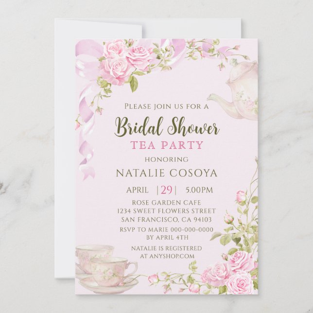 Convites Chá de Bebê Festa de Chá Romântico com Rosa (Frente)