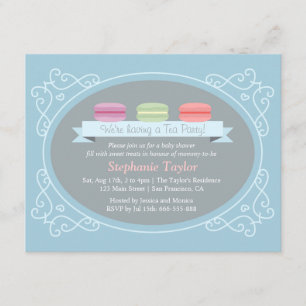 Convites Chá de Bebê Festa de Macarons, Azul e Cinza