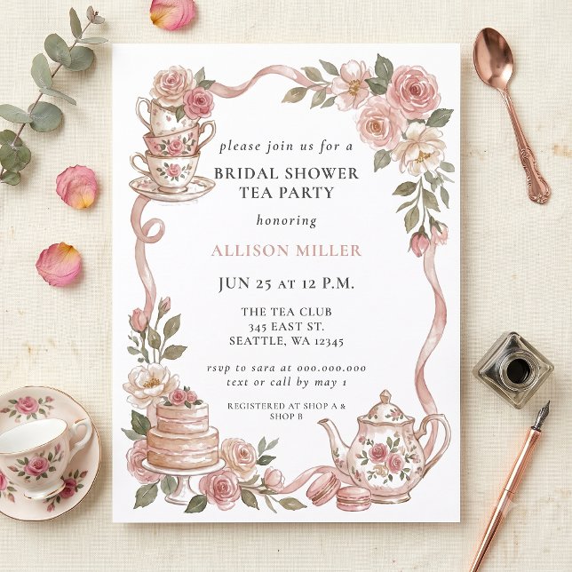 Convites Chá de Bebê Festa de Noivado Rustic Blush Rose Gol (Rustic Blush Rose Gold Tea Party Bridal Shower Invitation)