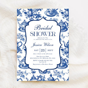 Convites Chá de Bebê Festa do Chá Azul Branco Chinoiserie