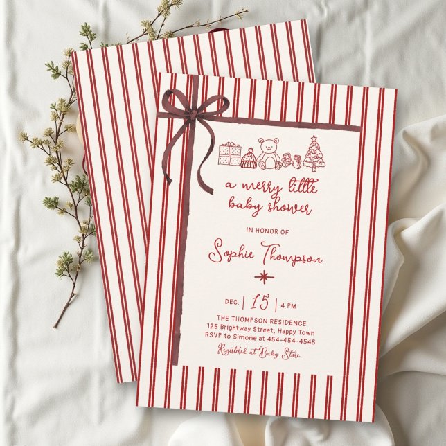 Convites Chá de Bebê Fita de Arco de Natal Alegre (Merry Little Bow Ribbon Christmas Baby Shower Invitation)
