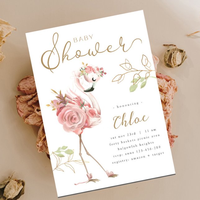 Convites Chá de Bebê Flamingo, Flamingo Rosa Floral Moderno (Criador carregado)