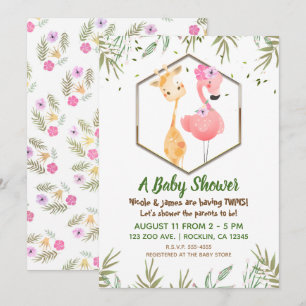 Convites Chá de Bebê Flamingo & Girafa Aquarela Tropical