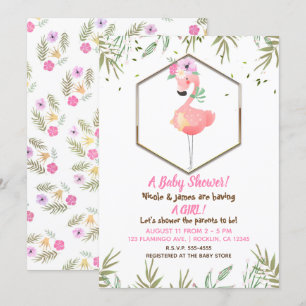 Convites Chá de Bebê Flamingo Rosa Aquarela Tropical