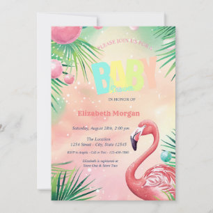 Convites Chá de Bebê Flamingos Elegantes Folhas de Palmeira