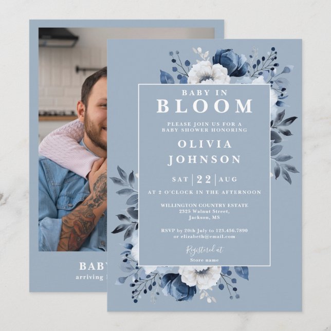 Convites Chá de Bebê Fleur Baby em Flor Pó Azul (Frente/Verso)