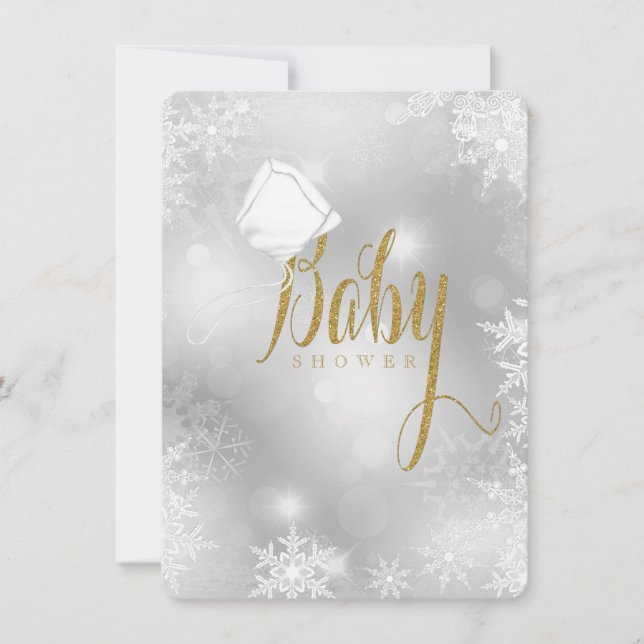 Convites Chá de Bebê Floco de Neve Branco e Dourado (Frente)