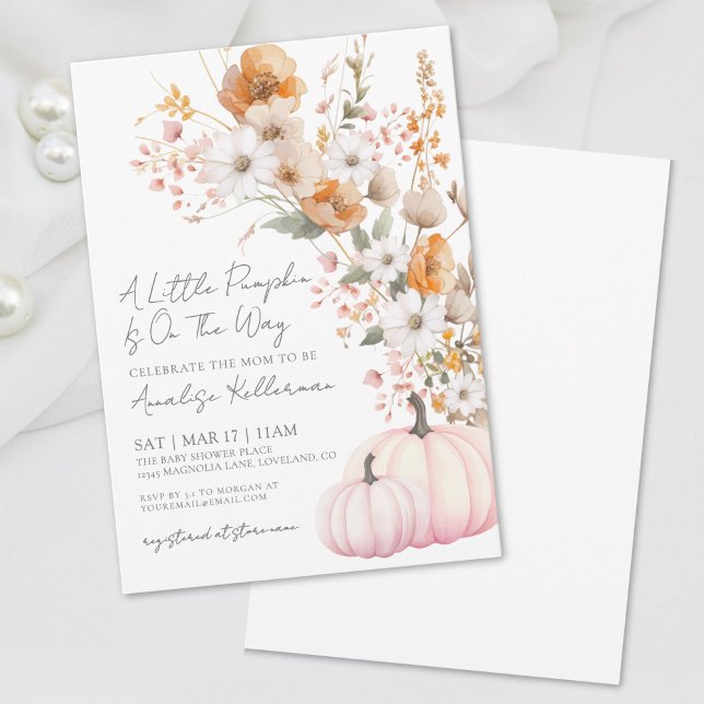 Convites Chá de Bebê Flor Silvestre Abóbora Rosa (Wildflower Pink Pumpkin Baby Shower Invitation )