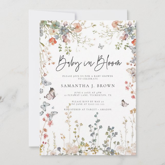 Convites Chá de Bebê Flor Silvestre, Boho Aquarela (Frente)