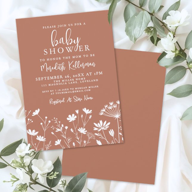 Convites Chá de Bebê Flor Silvestre Laranja Queimada (Burnt Orange Wildflower Baby Shower Invitation)