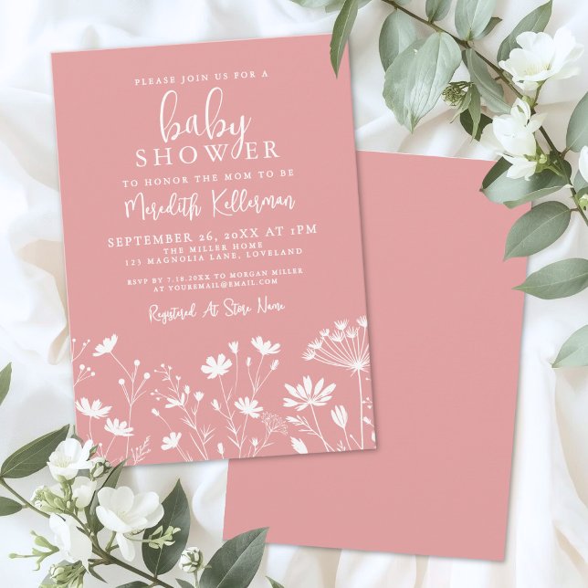 Convites Chá de Bebê Flor Silvestre Rosa (Minimalist Pink Wildflower Baby Shower Invitation)