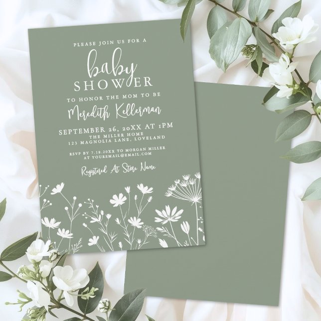 Convites Chá de Bebê Flor Silvestre Verde Sálvia (Sage Green Wildflower Baby Shower Invitation)