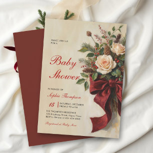 Convites Chá de Bebê Flora de Inverno Vermelho Vintage de N