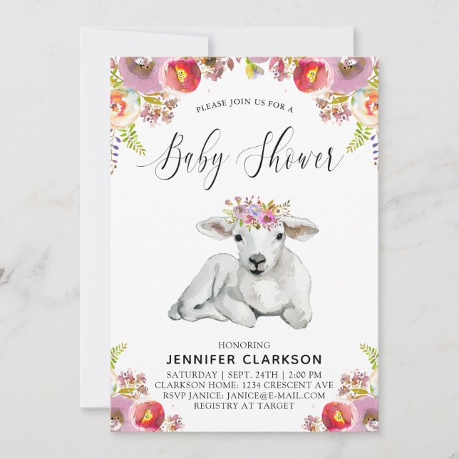 Convites Chá de Bebê Flora Lamb (Frente)
